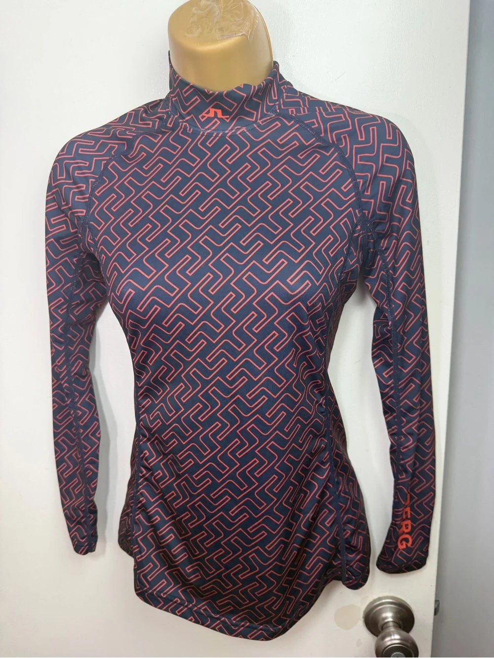 J.Lindeberg Navy & Orange Printed Compression‎ 4Way Stretch Long Sleeve Shirt XS